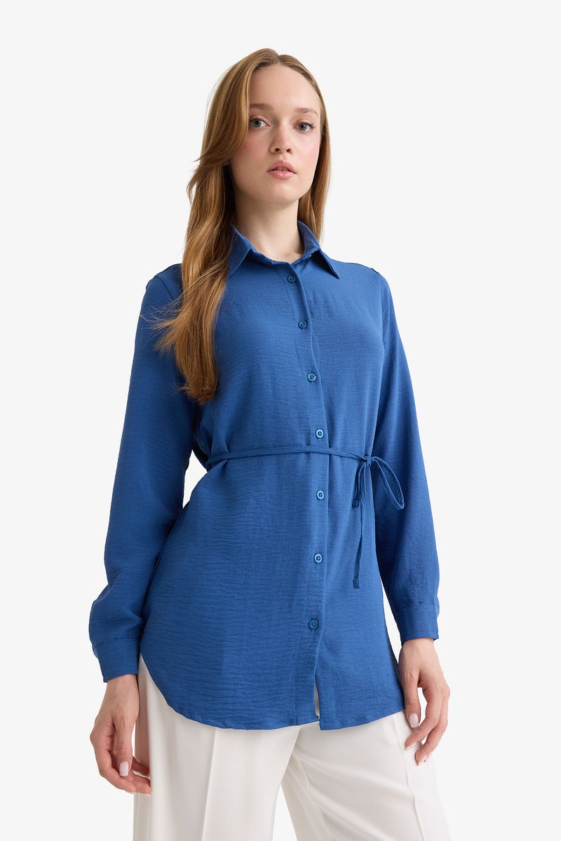 DeFacto Blue Woman Regular Fit Shirt Collar Long Sleeve Tunic Casual - Image 3